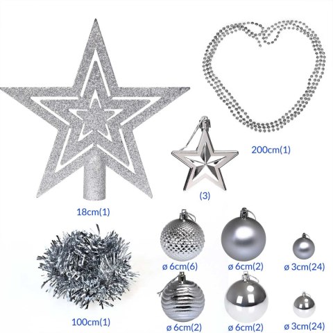 Zestaw bombek choinkowych ESTRELLA SREBRNY 66 sztuk Zestaw bombek choinkowych ESTRELLA SREBRNY 66 sztuk