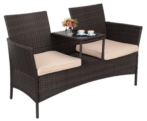 Ławka ogrodowa z technorattanu sofa CORDOBA czarna z beżowymi poduszkami