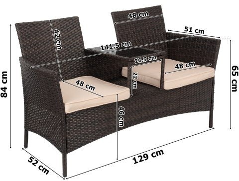 Ławka ogrodowa z technorattanu sofa CORDOBA czarna z beżowymi poduszkami