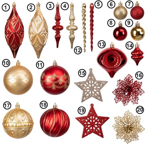 Zestaw bombek choinkowych MARIEN CZERWONO-ZŁOTY 70 sztuk